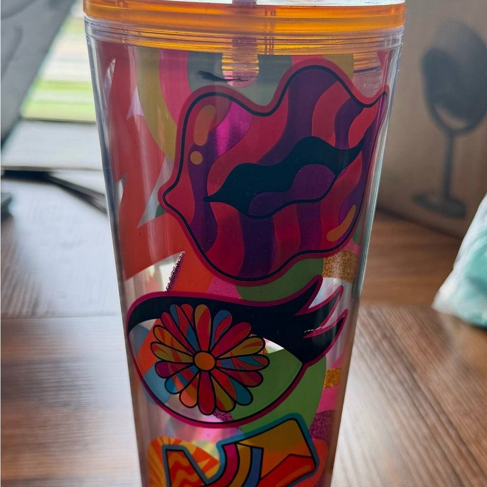 Starbucks colorful psychedelic lips and flower travel tumbler - orange lid